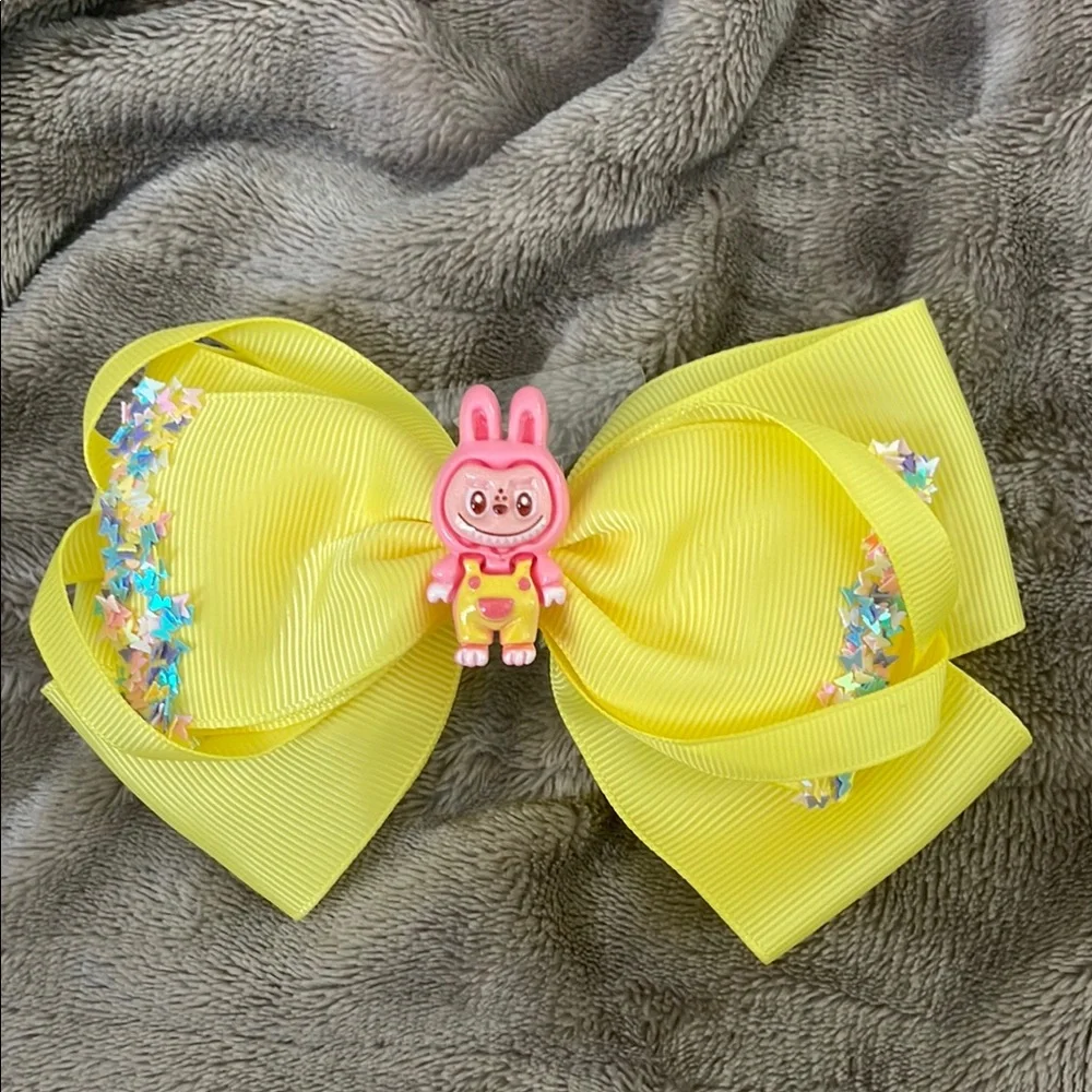 Yellow cartoon labubu Hair Bow with butterfly glitter accents new